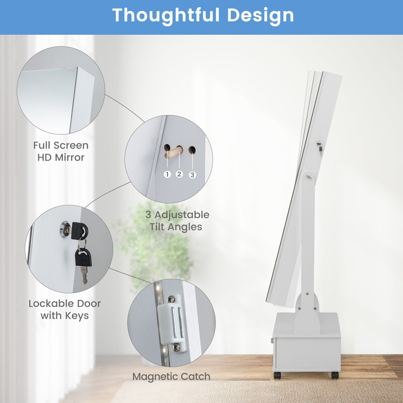 Smyckeskåp med spegel, lådor, hjul och LED-belysning - vit förvaringslösning