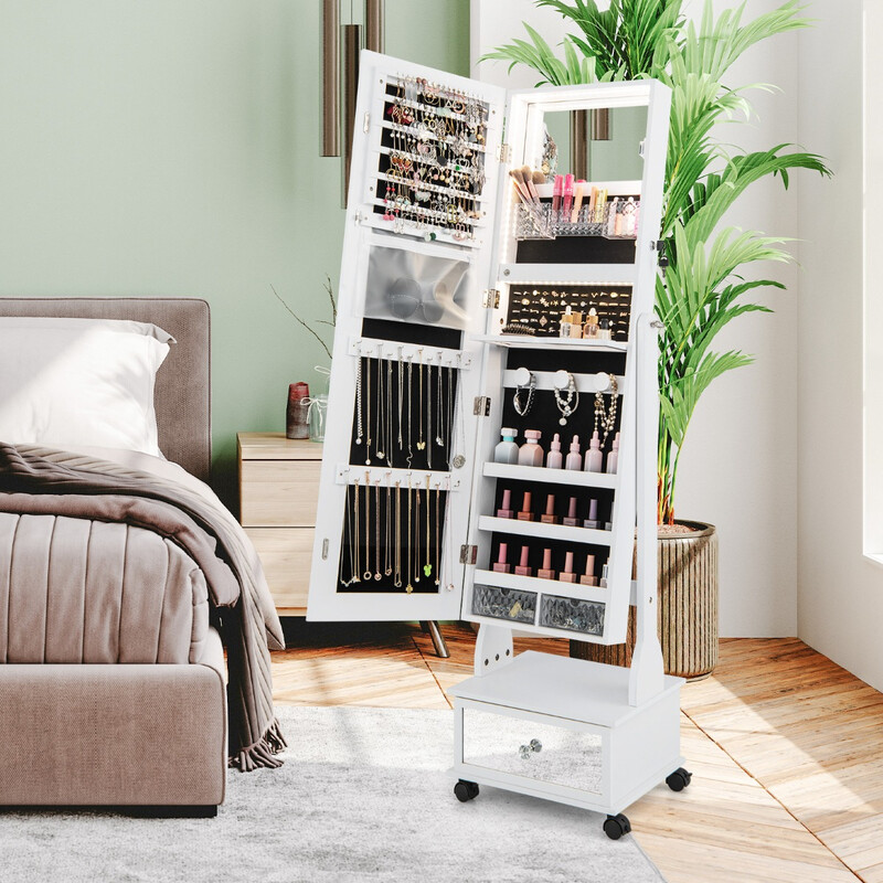 Smyckeskåp med spegel, lådor, hjul och LED-belysning - vit förvaringslösning