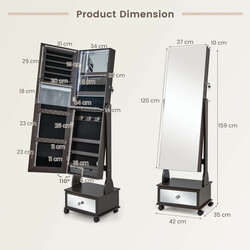 Smyckeskåp med spegel, låda, hjul och LED-belysning i brun MDF