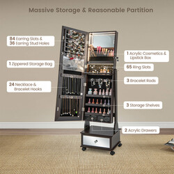 Smyckeskåp med spegel, låda, hjul och LED-belysning i brun MDF