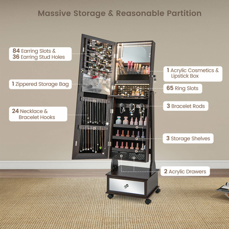 Smyckeskåp med spegel, låda, hjul och LED-belysning i brun MDF