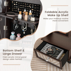 Smyckeskåp med spegel, låda, hjul och LED-belysning i brun MDF