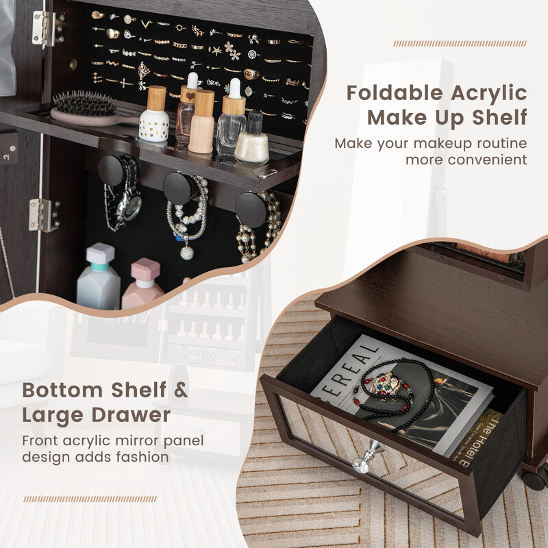 Smyckeskåp med spegel, låda, hjul och LED-belysning i brun MDF