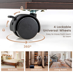 Smyckeskåp med spegel, låda, hjul och LED-belysning i brun MDF