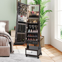 Smyckeskåp med spegel, låda, hjul och LED-belysning i brun MDF