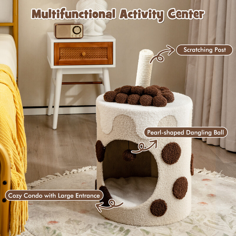 Klätterträd för katter i bubble tea-design med klöspelare och hängande boll beige