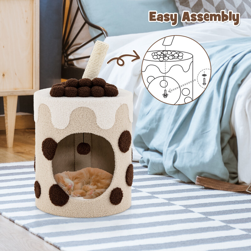 Klätterträd för katter i bubble tea-design med klöspelare och hängande boll beige
