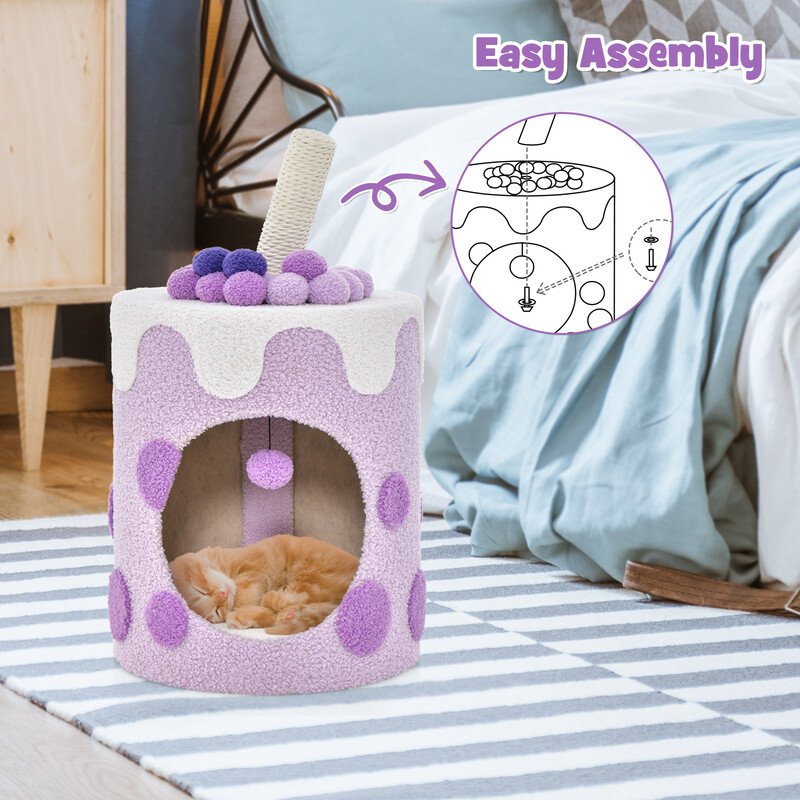 Mjölkte-inspirerat klätterträd för katter med sisalstolpe och hängande bolleksak lila