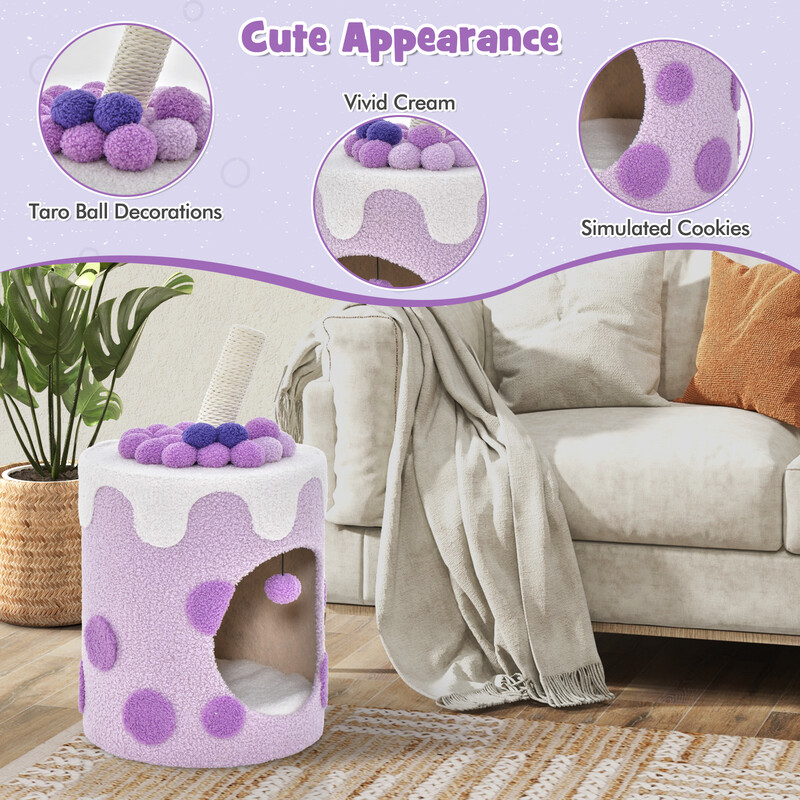 Mjölkte-inspirerat klätterträd för katter med sisalstolpe och hängande bolleksak lila