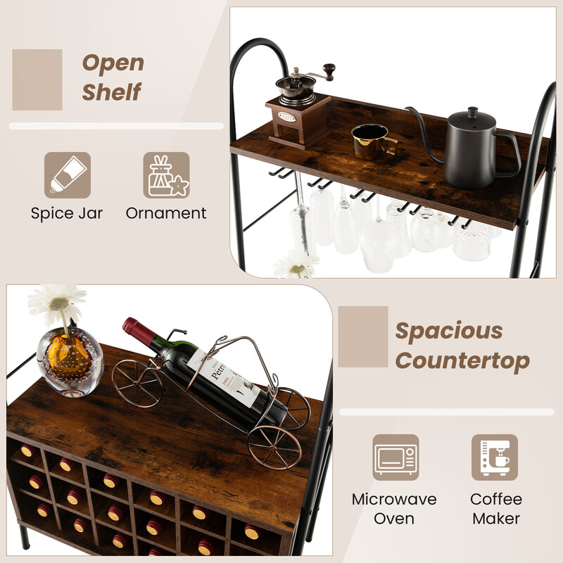 Vinställ för 18 flaskor med 5 glashållare och extra förvaringsutrymme rustik brun