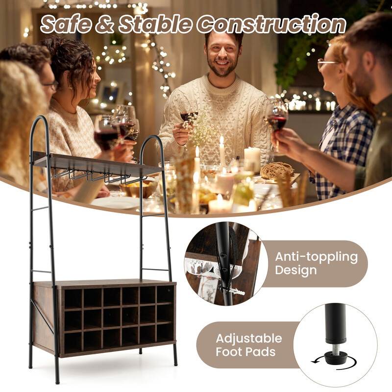 Vinställ för 18 flaskor med 5 glashållare och extra förvaringsutrymme rustik brun