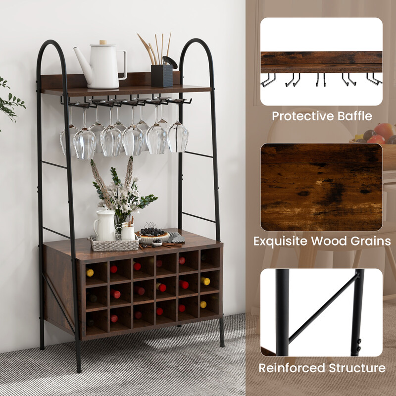 Vinställ för 18 flaskor med 5 glashållare och extra förvaringsutrymme rustik brun