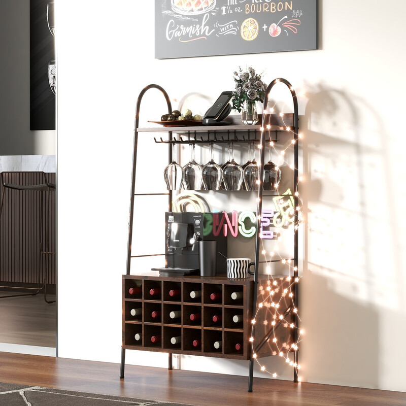 Vinställ för 18 flaskor med 5 glashållare och extra förvaringsutrymme rustik brun