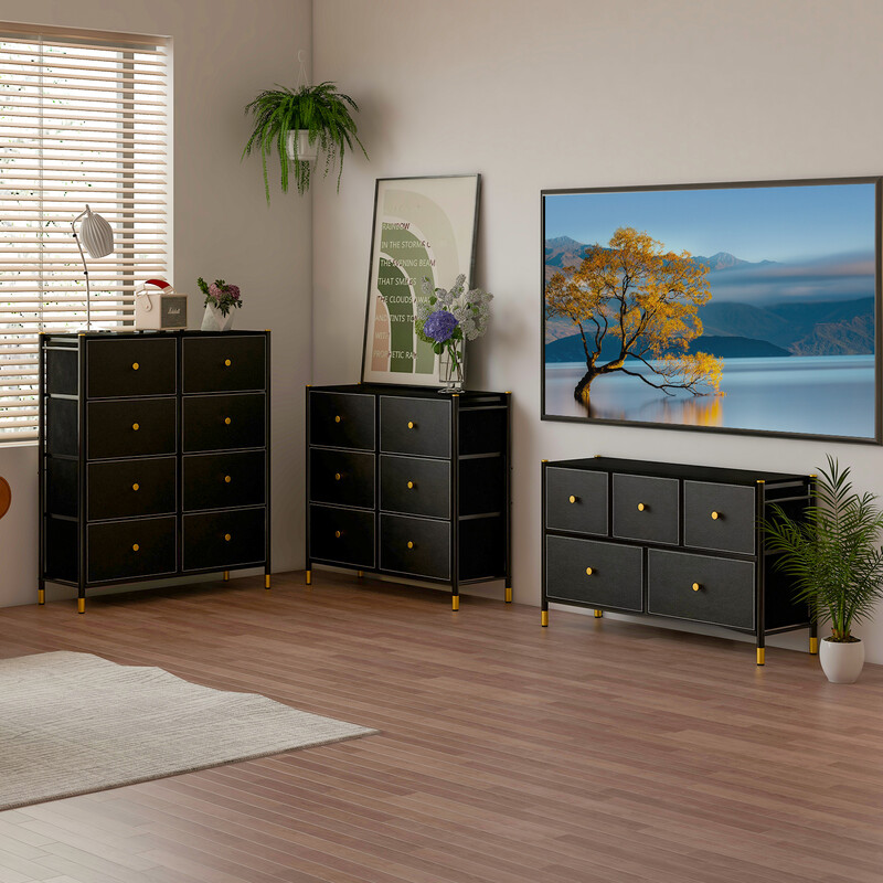 Byrå för sovrum med 8 lådor i tyg och metallram, svart 89 x 30 x 98 cm