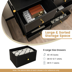 Byrå för sovrum med 6 lådor, hög tygbyrå med metallram, svart 89 x 30 x 76,5 cm