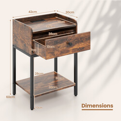 Rustikt brunt sängbord med låda och öppen hylla, 42 x 30 x 60 cm