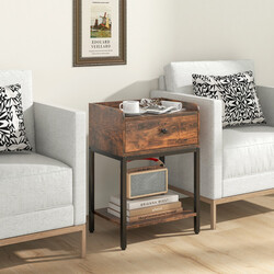 Rustikt brunt sängbord med låda och öppen hylla, 42 x 30 x 60 cm