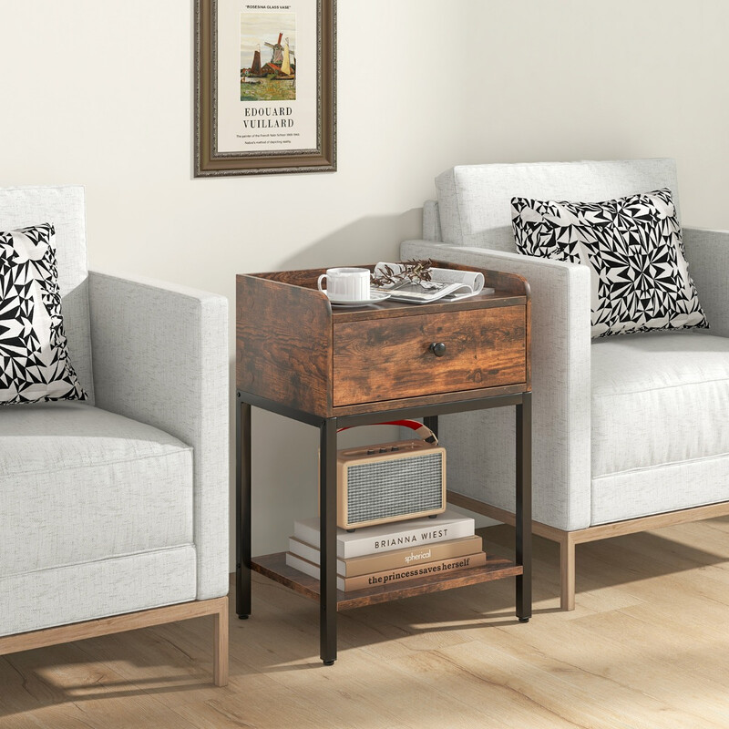 Rustikt brunt sängbord med låda och öppen hylla, 42 x 30 x 60 cm