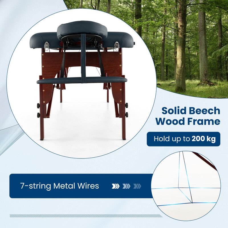 Hopfällbar massagebänk med bärväska, justerbar höjd, 210 x 70 cm, marinblå