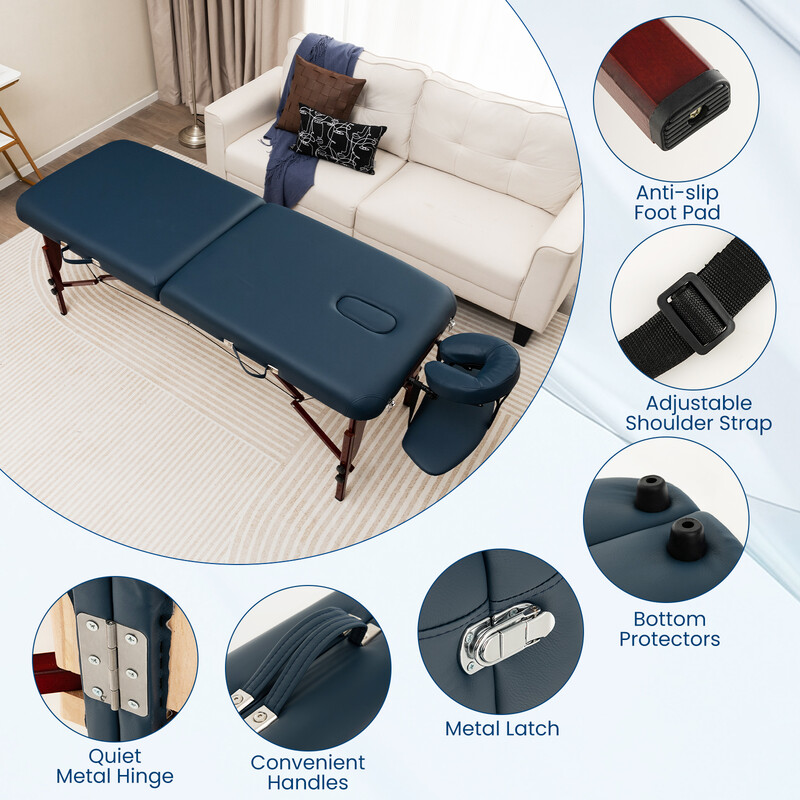 Hopfällbar massagebänk med bärväska, justerbar höjd, 210 x 70 cm, marinblå