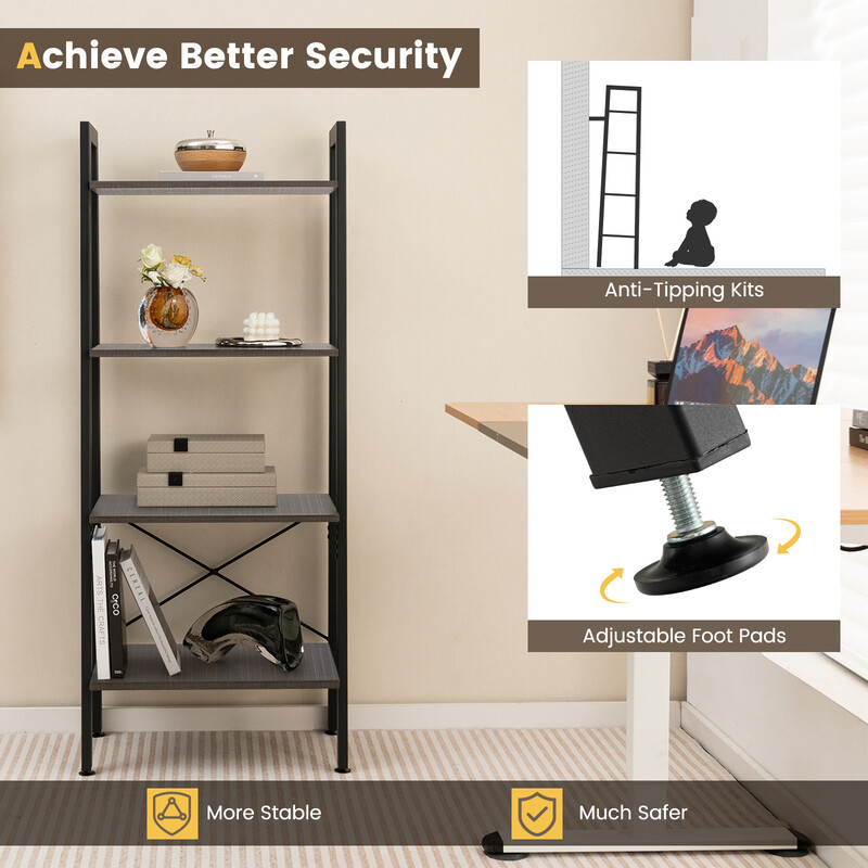 Bokhylla med 4 nivåer i mörkbrun trä och metall för industriell stil