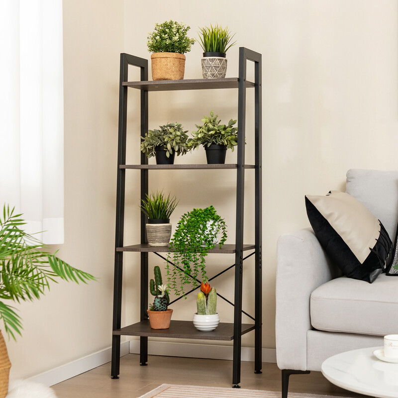 Bokhylla med 4 nivåer i mörkbrun trä och metall för industriell stil