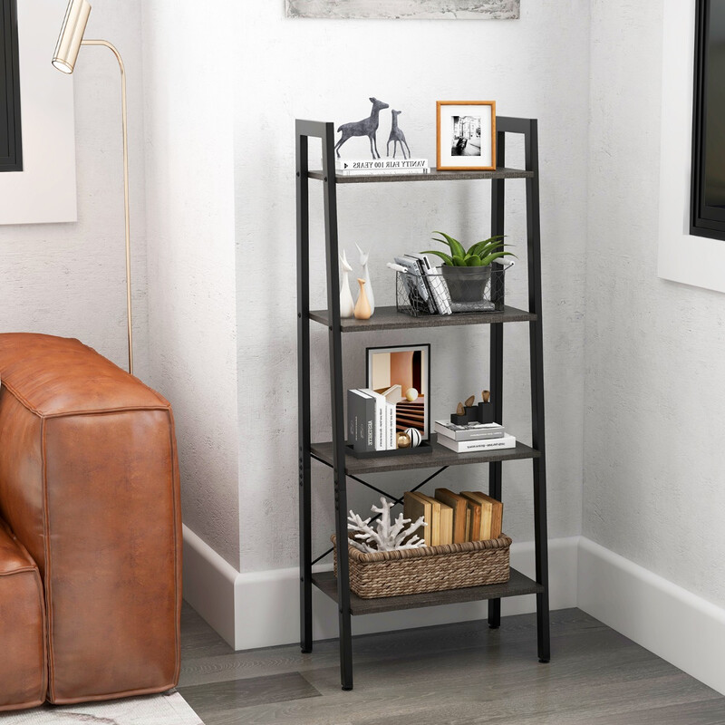 Bokhylla med 4 nivåer i mörkbrun trä och metall för industriell stil
