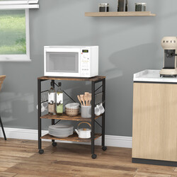 Köksvagn med hjul, justerbara hyllor och 10 krokar i brun och svart