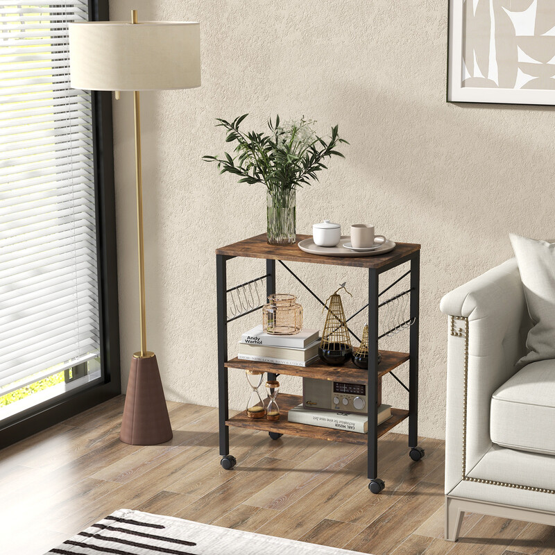 Köksvagn med hjul, justerbara hyllor och 10 krokar i brun och svart