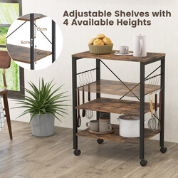 Köksvagn med hjul, justerbara hyllor och 10 krokar i brun och svart