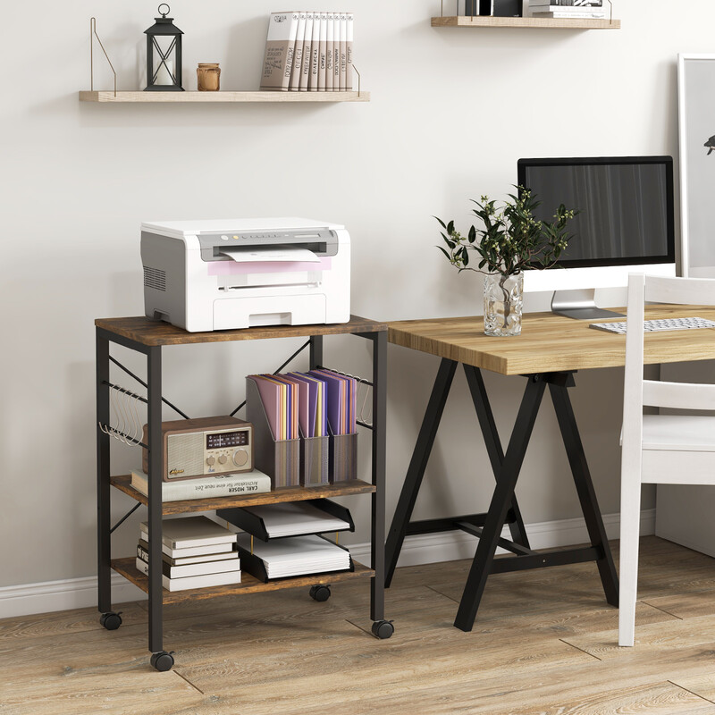 Köksvagn med hjul, justerbara hyllor och 10 krokar i brun och svart