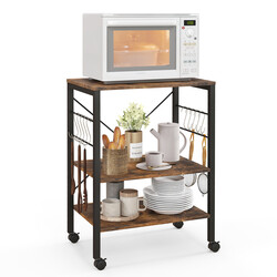 Köksvagn med hjul, justerbara hyllor och 10 krokar i brun och svart