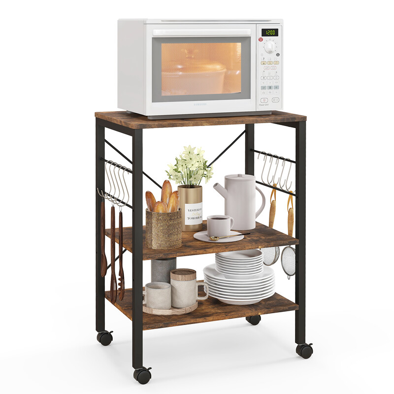 Köksvagn med hjul, justerbara hyllor och 10 krokar i brun och svart