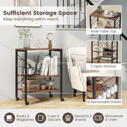 Köksvagn med hjul, justerbara hyllor och 10 krokar i brun och svart