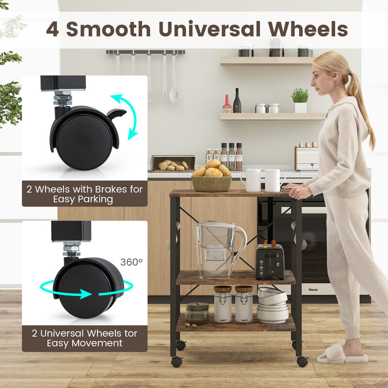 Köksvagn med hjul, justerbara hyllor och 10 krokar i brun och svart