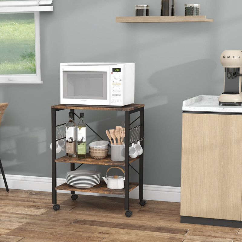 Köksvagn med hjul, justerbara hyllor och 10 krokar i brun och svart