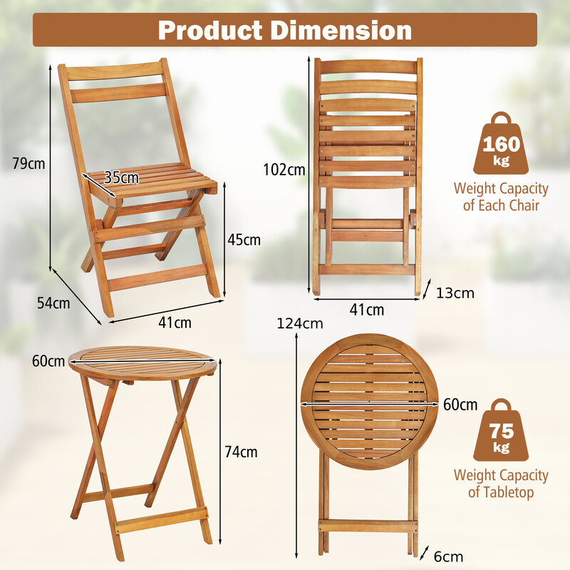Bistroset i akaciträ med hopfällbara stolar och bord för utomhusbruk