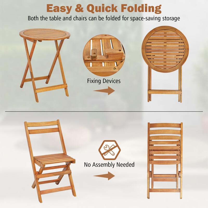 Bistroset i akaciträ med hopfällbara stolar och bord för utomhusbruk