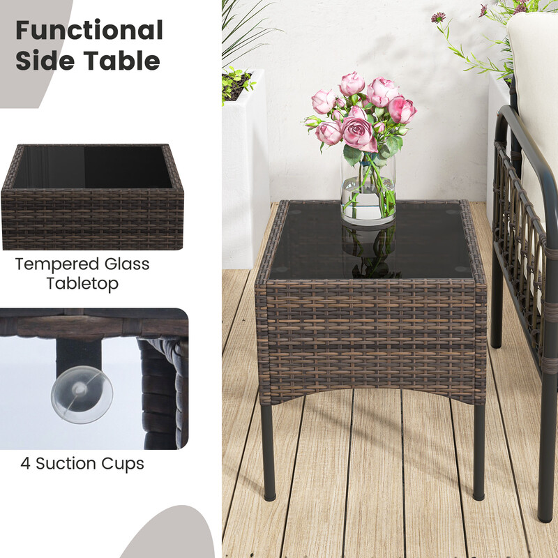 5-delat rottingmöbelset med ottoman, sidobord och kuddar för trädgård och terrass