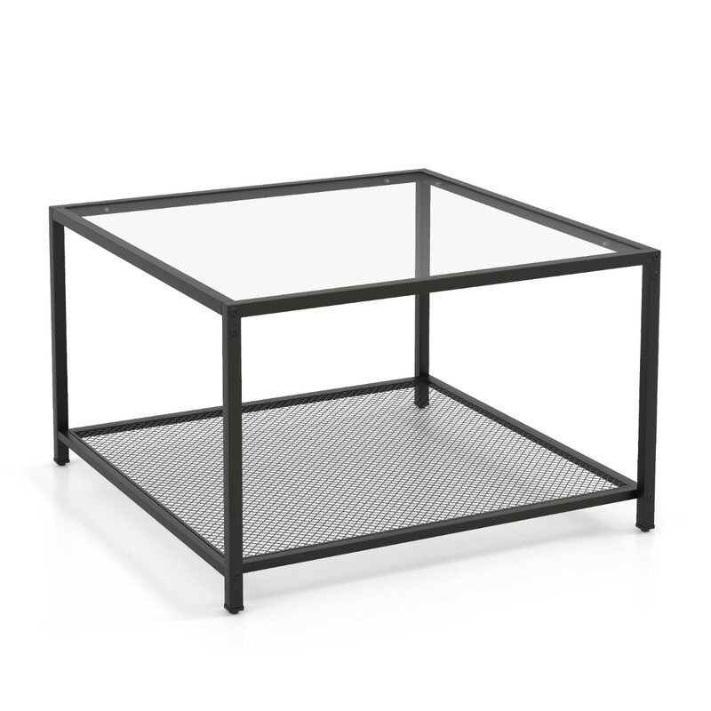 Kvadratiskt glasbord med två nivåer och förvaring, 70 x 70 x 45 cm, modern design