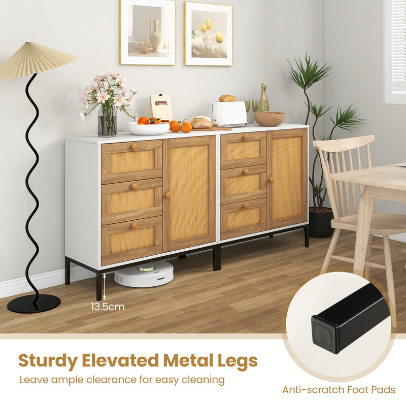 Sideboard i rattan med 1 dörr och 3 lådor för kök eller vardagsrum 80 x 35 x 80,5 cm