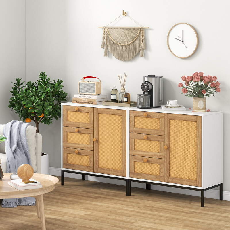 Sideboard i rattan med 1 dörr och 3 lådor för kök eller vardagsrum 80 x 35 x 80,5 cm