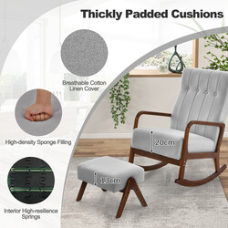 Gungstol med fotpall och kudde i grått med trästomme för optimal komfort