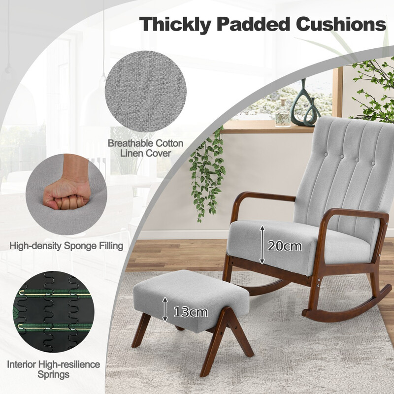 Gungstol med fotpall och kudde i grått med trästomme för optimal komfort