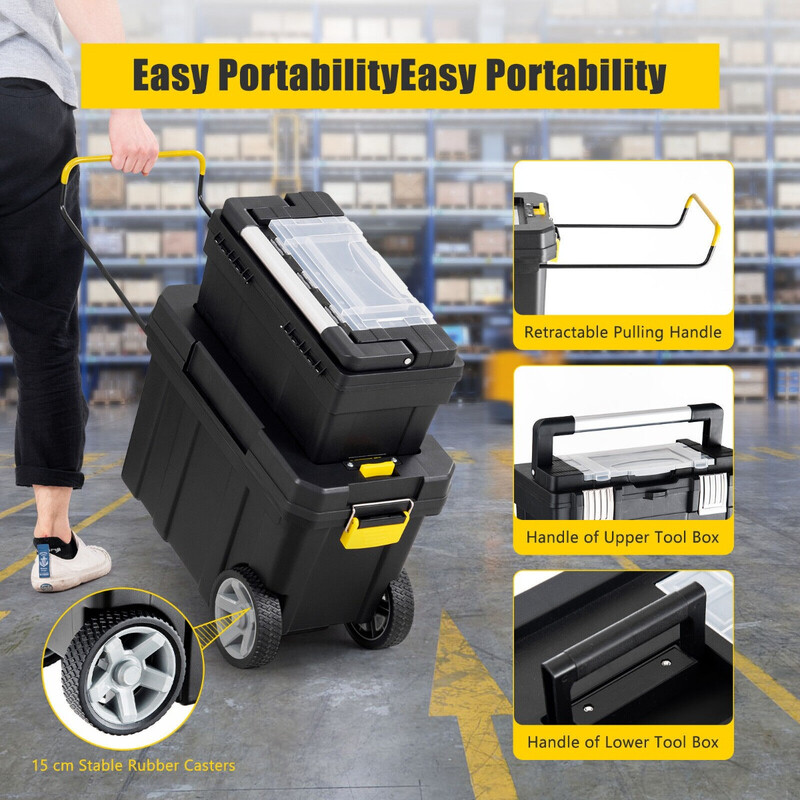 2-delat set bärbara verktygslådor med utdragbart handtag och avtagbart fack svart