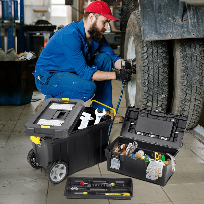 2-delat set bärbara verktygslådor med utdragbart handtag och avtagbart fack svart