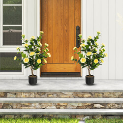 Konstgjord kameliaträd 95 cm med gula blommor i cementkruka