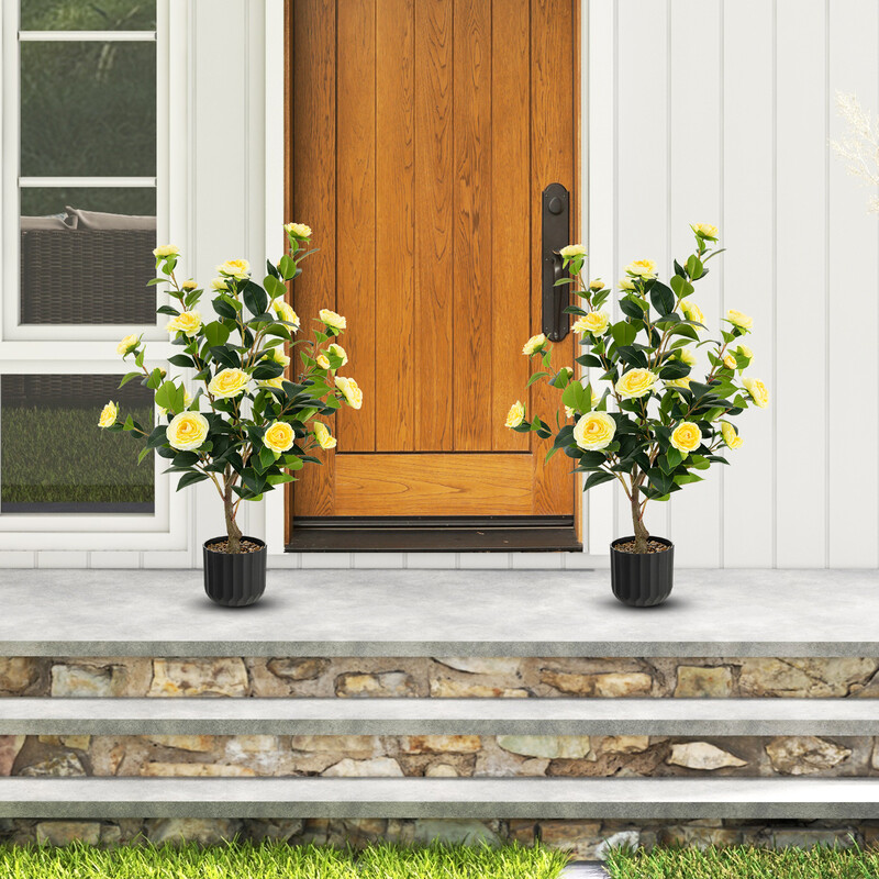 Konstgjord kameliaträd 95 cm med gula blommor i cementkruka