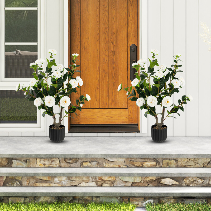 Konstgjord kameliaträd 95 cm med vita blommor i cementkruka för hem och kontor