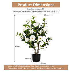 Konstgjord kameliaträd 95 cm med vita blommor i cementkruka för hem och kontor